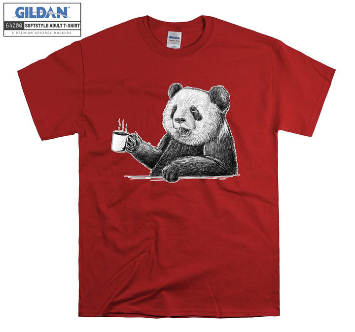 Cute Panda Drinking Coffee Black Theme T-shirt