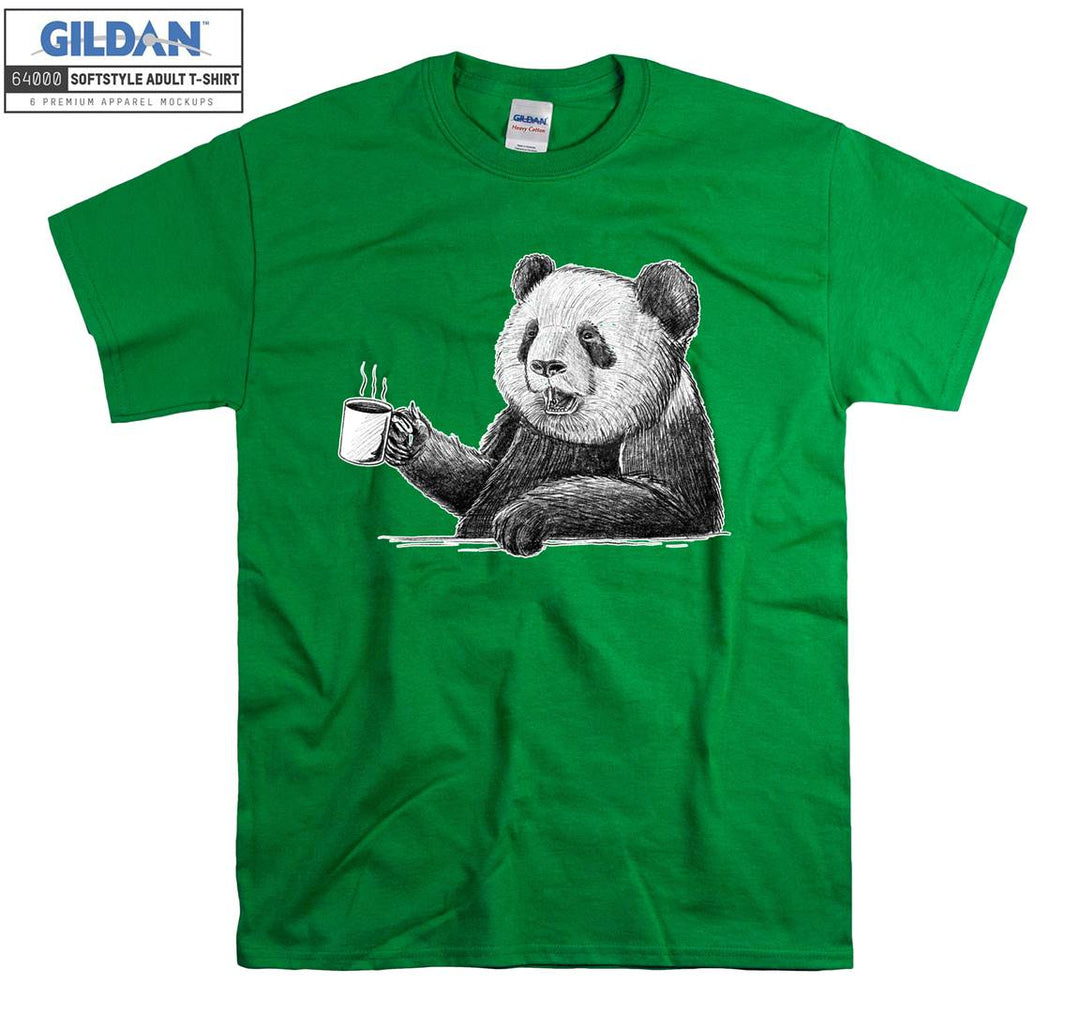 Cute Panda Drinking Coffee Black Theme T-shirt