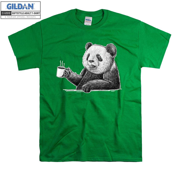 Cute Panda Drinking Coffee Black Theme T-shirt