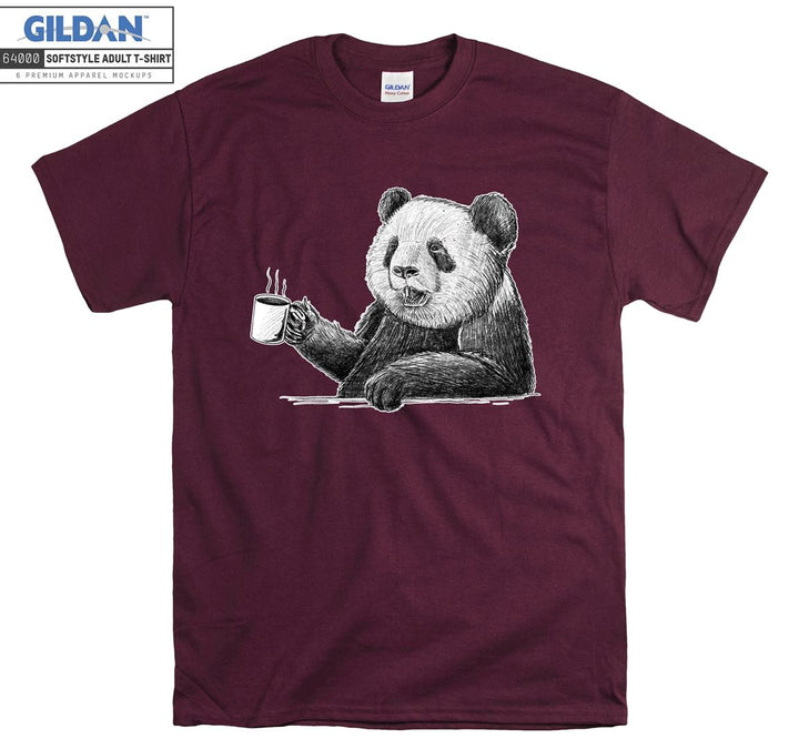 Cute Panda Drinking Coffee Black Theme T-shirt