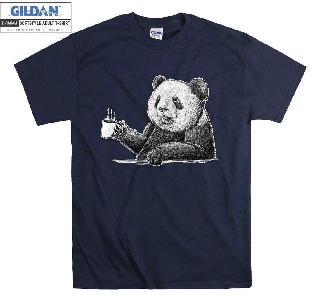 Cute Panda Drinking Coffee Black Theme T-shirt