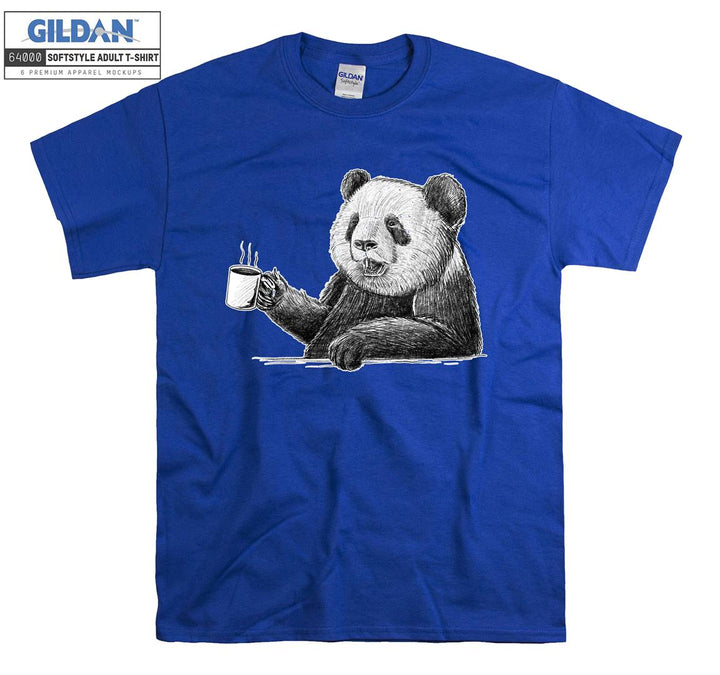 Cute Panda Drinking Coffee Black Theme T-shirt