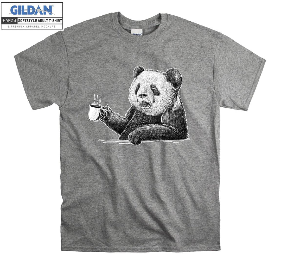 Cute Panda Drinking Coffee Black Theme T-shirt