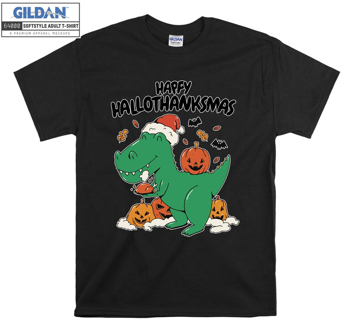 Christmas Green Dinosaur Happy Hallothanksmas T-shirt