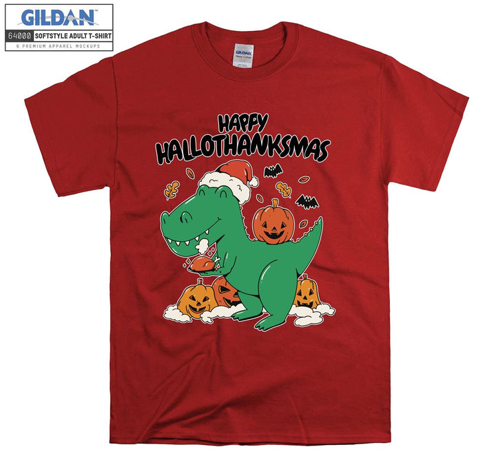 Christmas Green Dinosaur Happy Hallothanksmas T-shirt