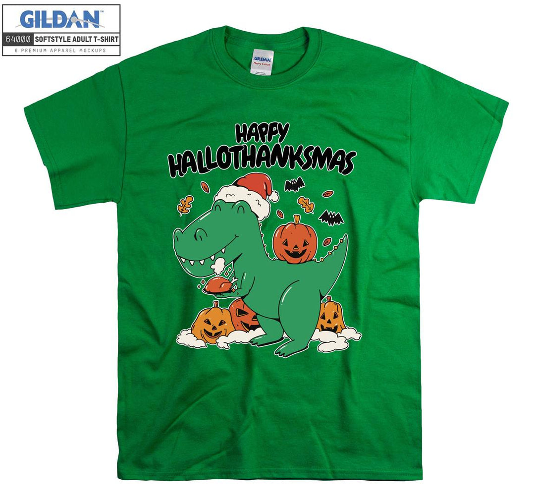 Christmas Green Dinosaur Happy Hallothanksmas T-shirt