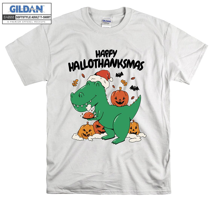 Christmas Green Dinosaur Happy Hallothanksmas T-shirt