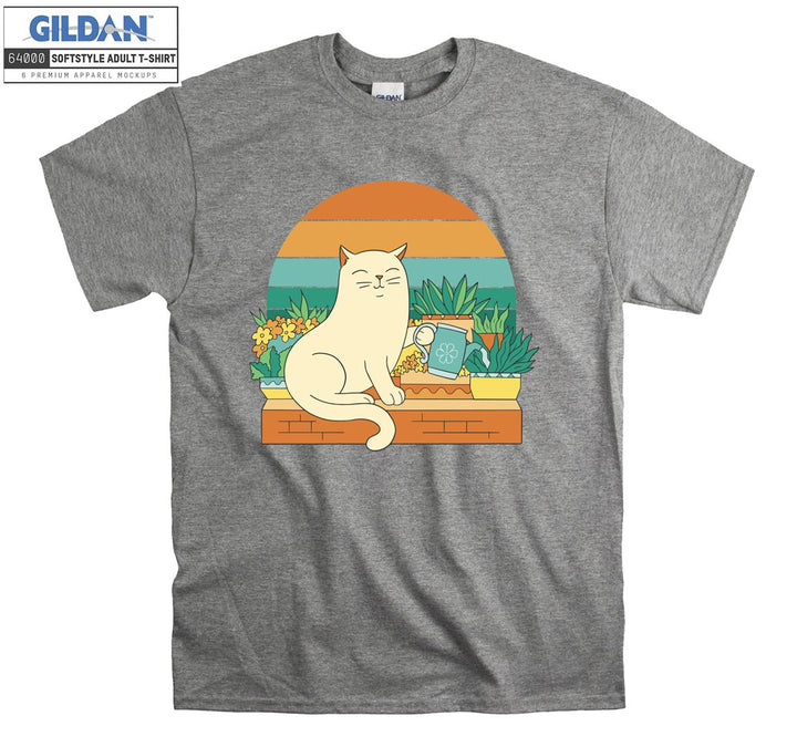 White Cartoon Garden Cat Figure T-shirt