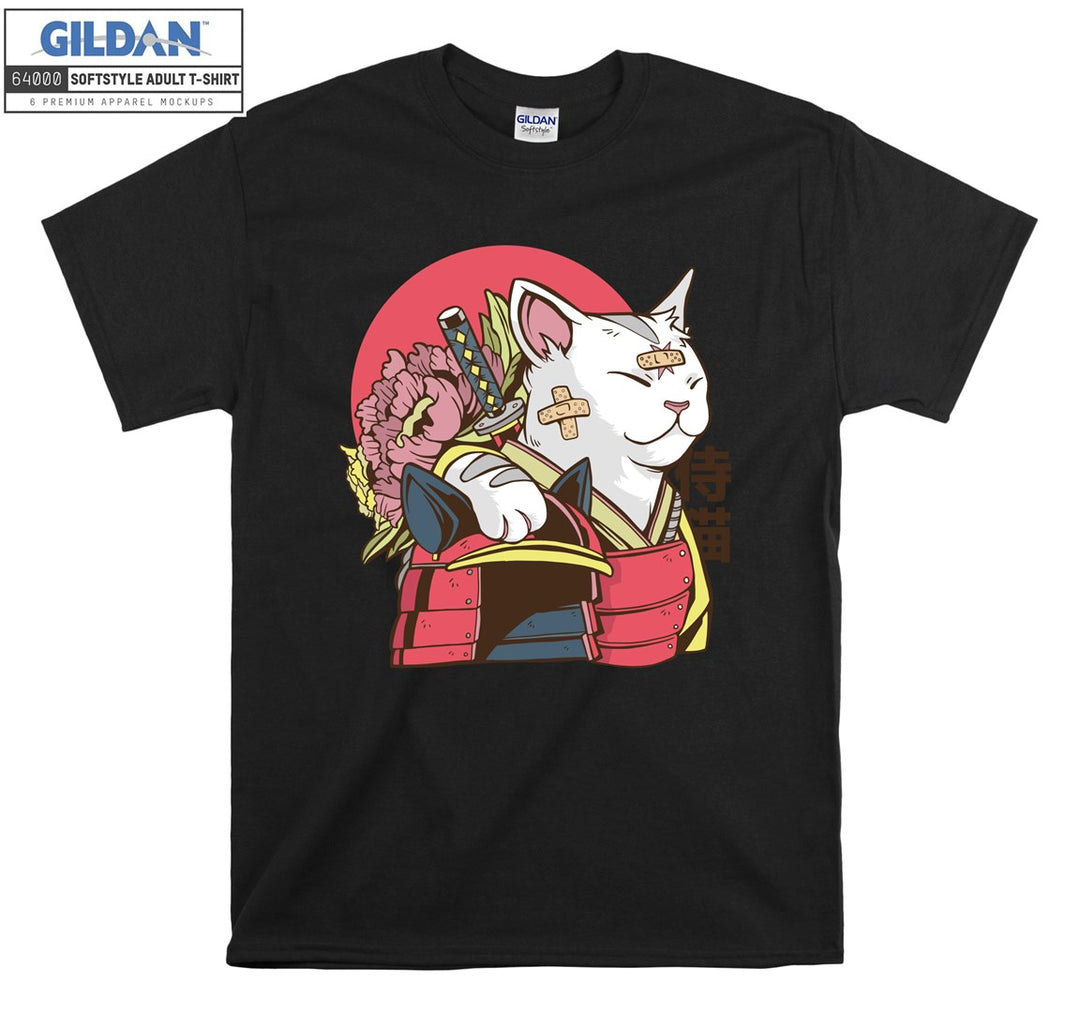 Cartoon Funny Samurai Cat Figure T-shirt