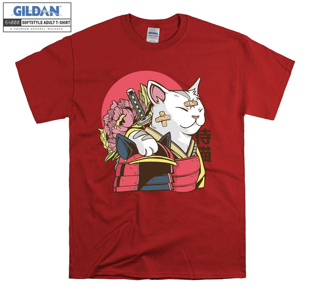 Cartoon Funny Samurai Cat Figure T-shirt