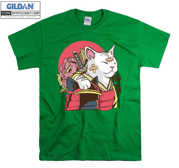 Cartoon Funny Samurai Cat Figure T-shirt