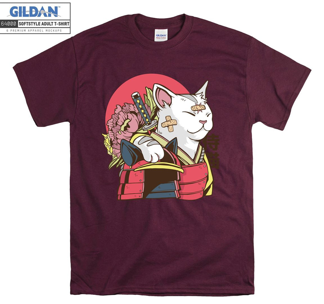 Cartoon Funny Samurai Cat Figure T-shirt