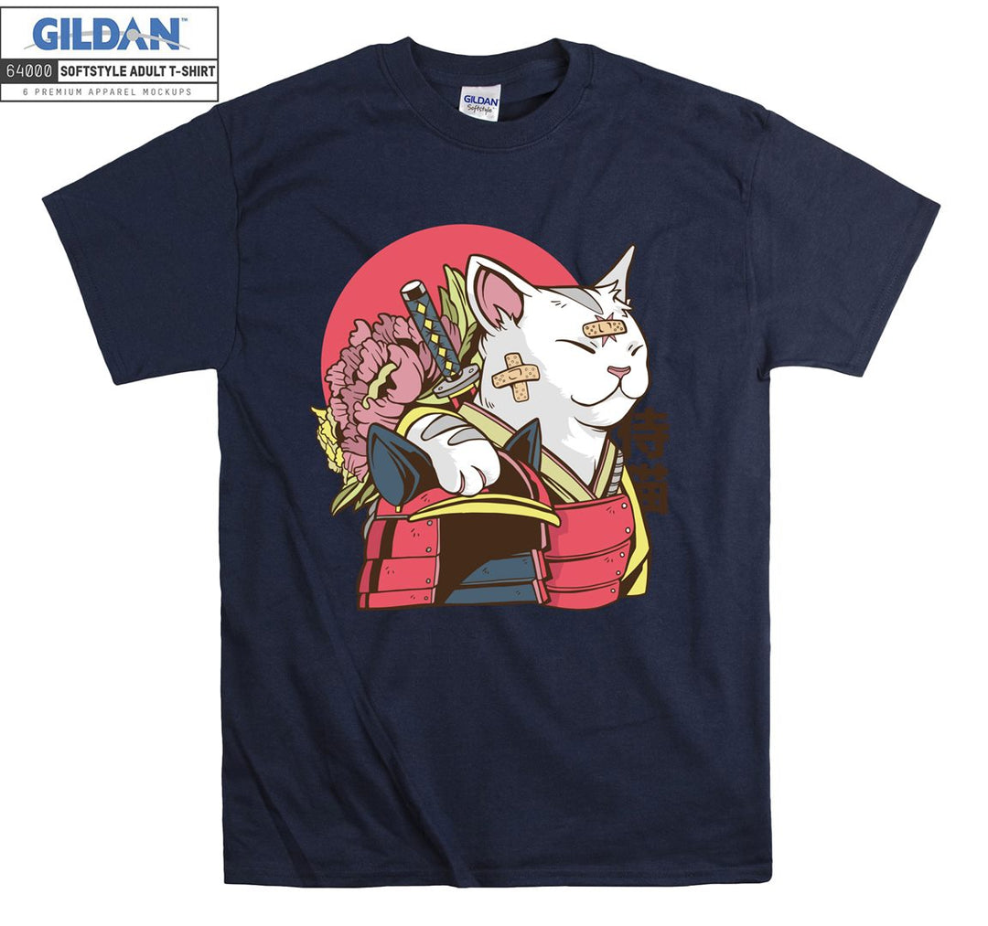 Cartoon Funny Samurai Cat Figure T-shirt