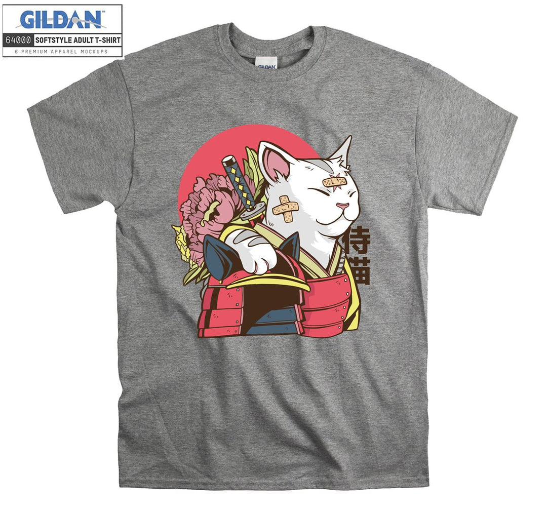 Cartoon Funny Samurai Cat Figure T-shirt