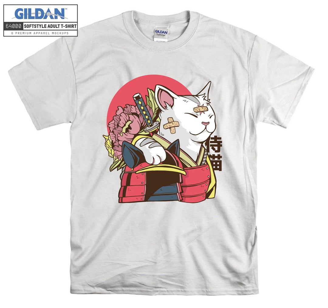 Cartoon Funny Samurai Cat Figure T-shirt