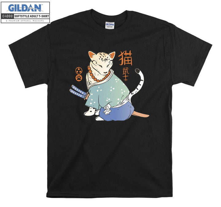 Angry Samurai Cartoon Cat Figure T-shirt