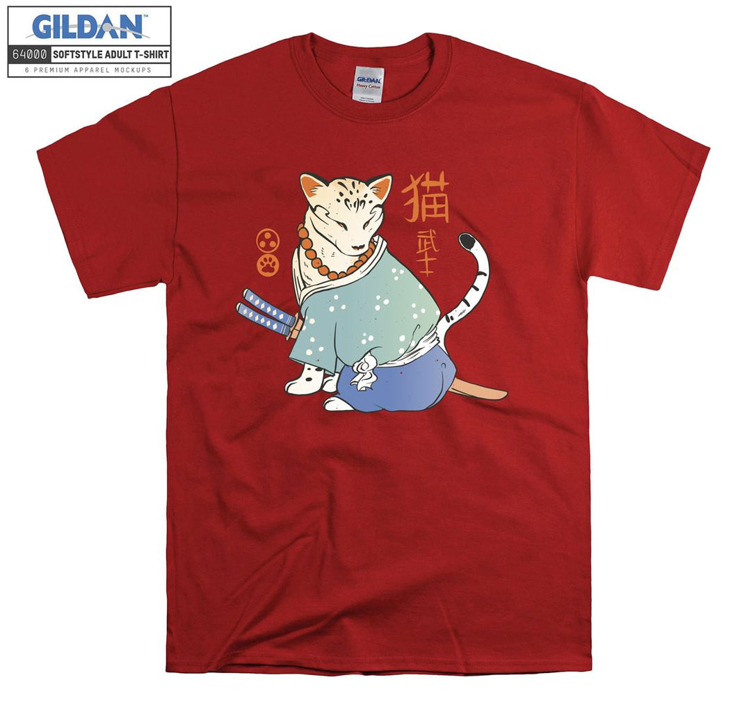 Angry Samurai Cartoon Cat Figure T-shirt