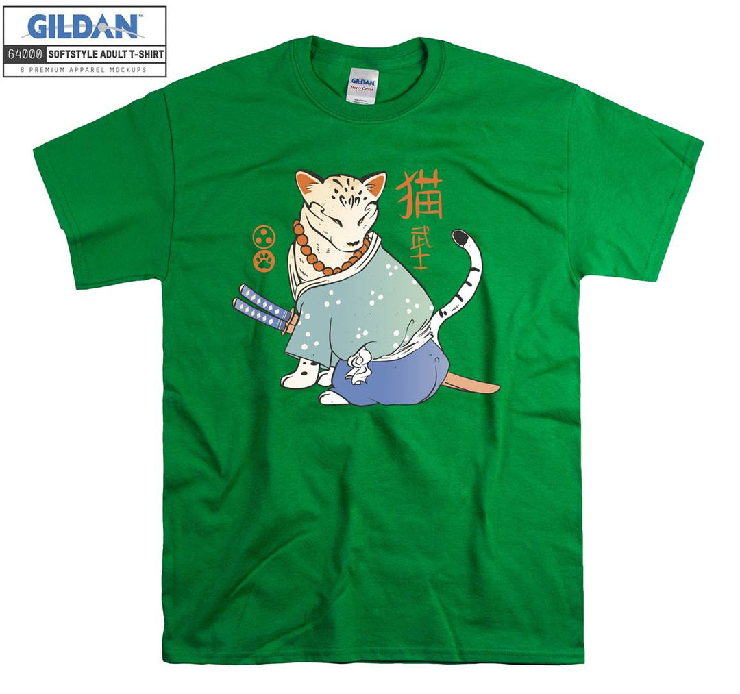 Angry Samurai Cartoon Cat Figure T-shirt