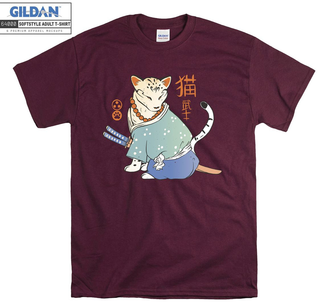 Angry Samurai Cartoon Cat Figure T-shirt