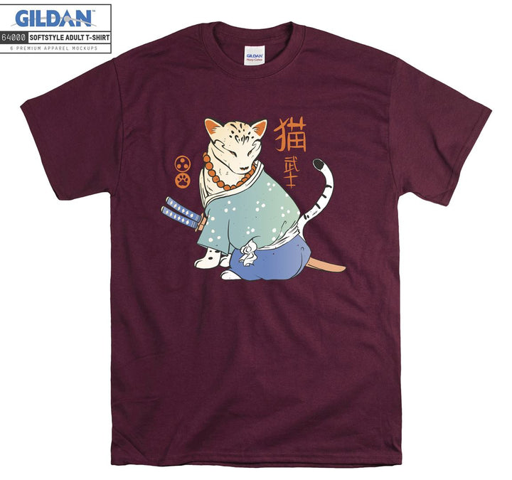 Angry Samurai Cartoon Cat Figure T-shirt