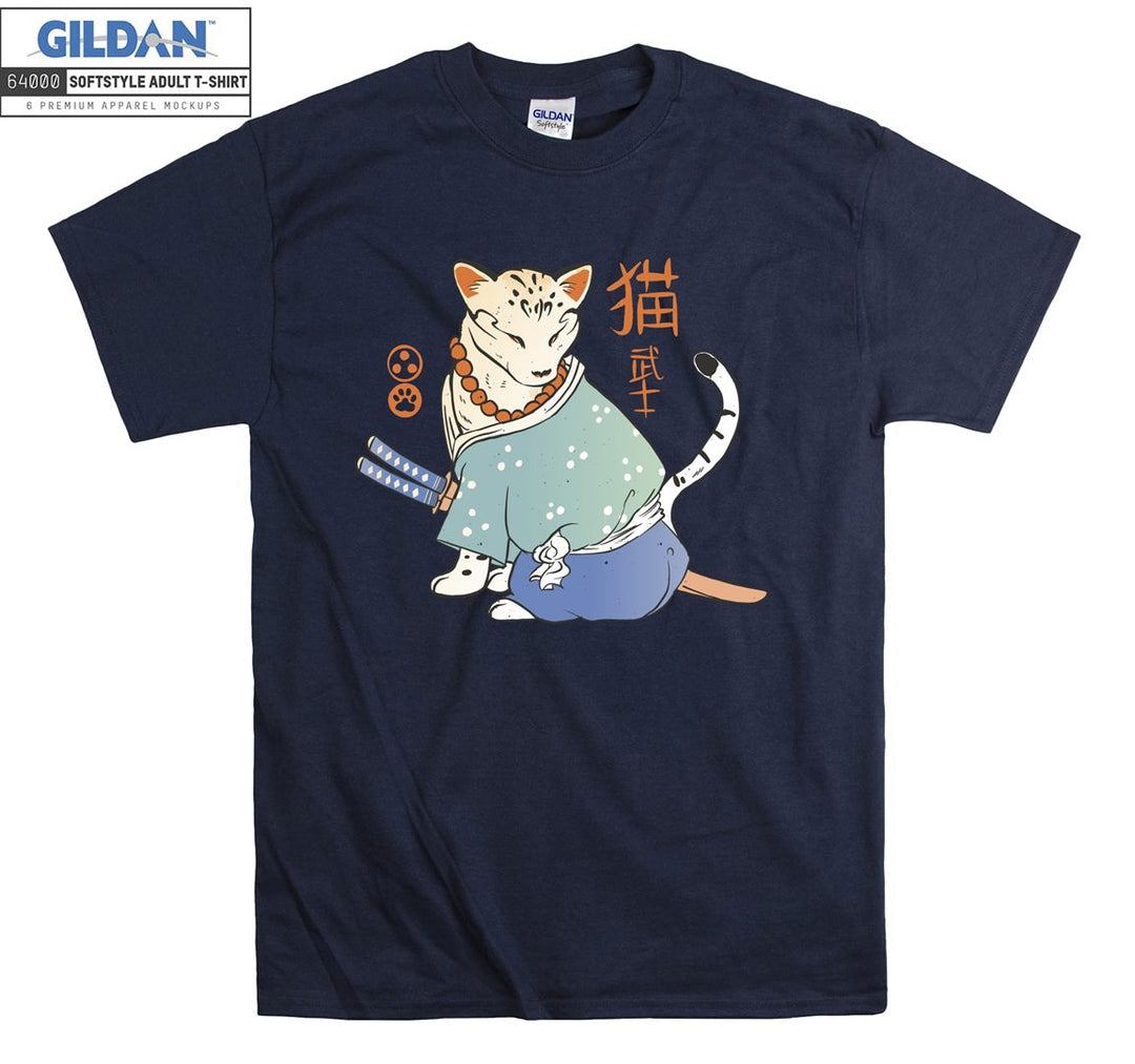 Angry Samurai Cartoon Cat Figure T-shirt