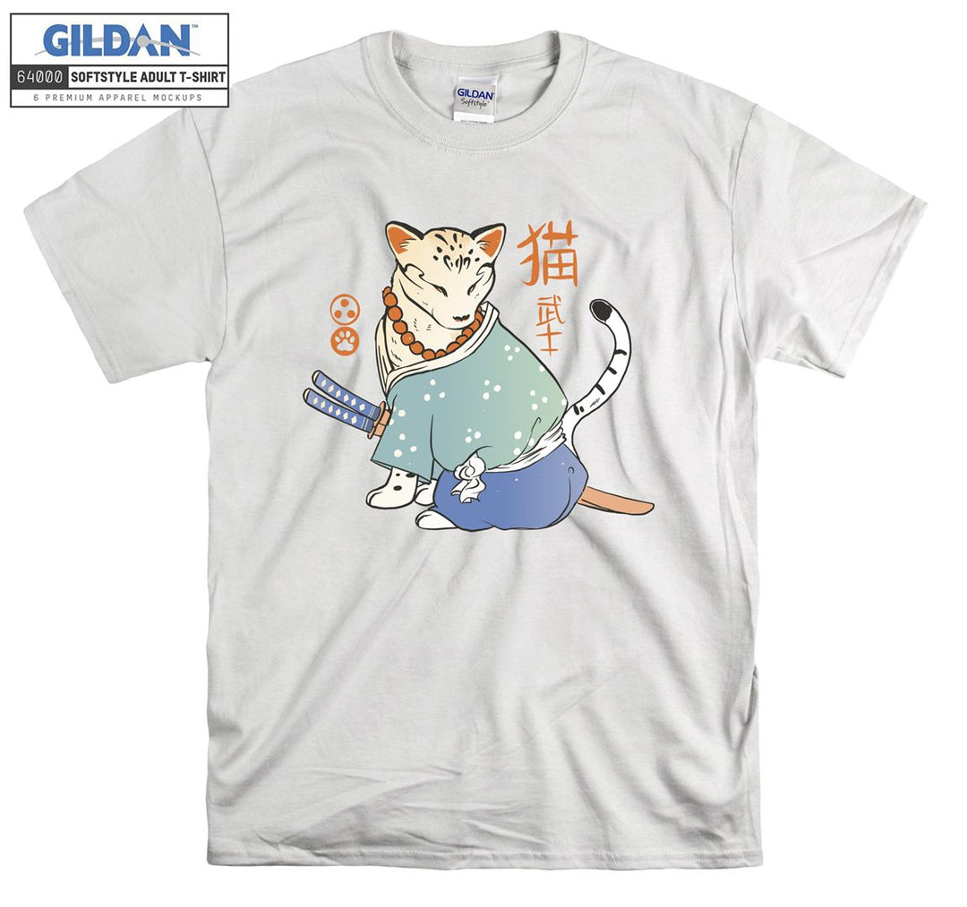 Angry Samurai Cartoon Cat Figure T-shirt