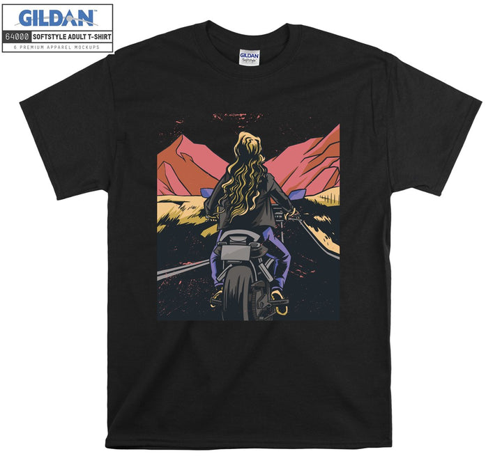 Girl ride motorcycle on the mauntain T-shirt