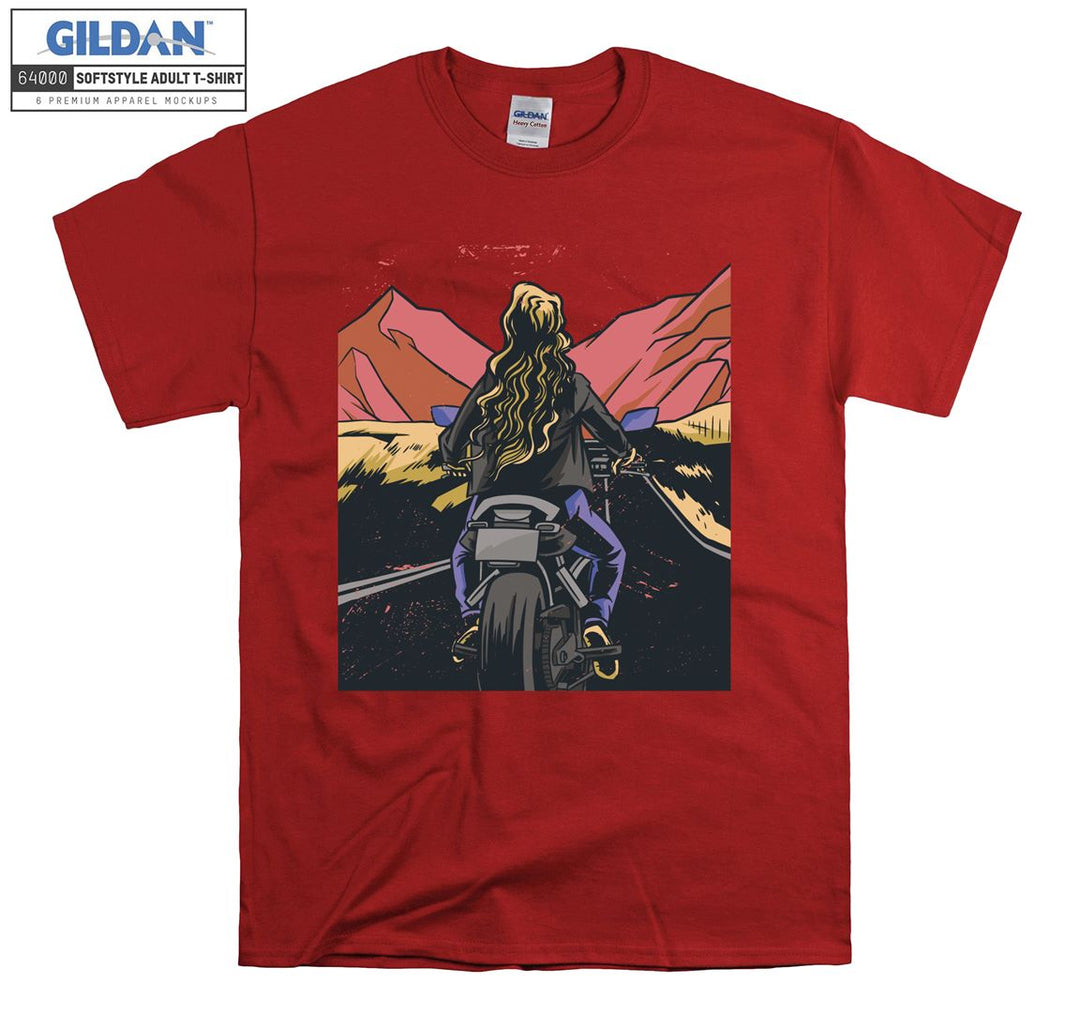 Girl ride motorcycle on the mauntain T-shirt