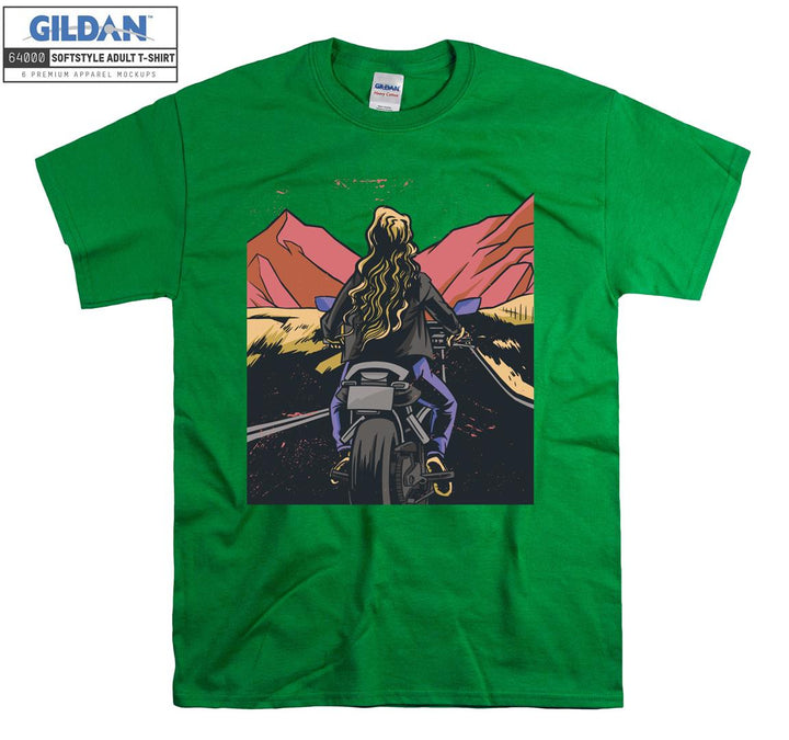 Girl ride motorcycle on the mauntain T-shirt