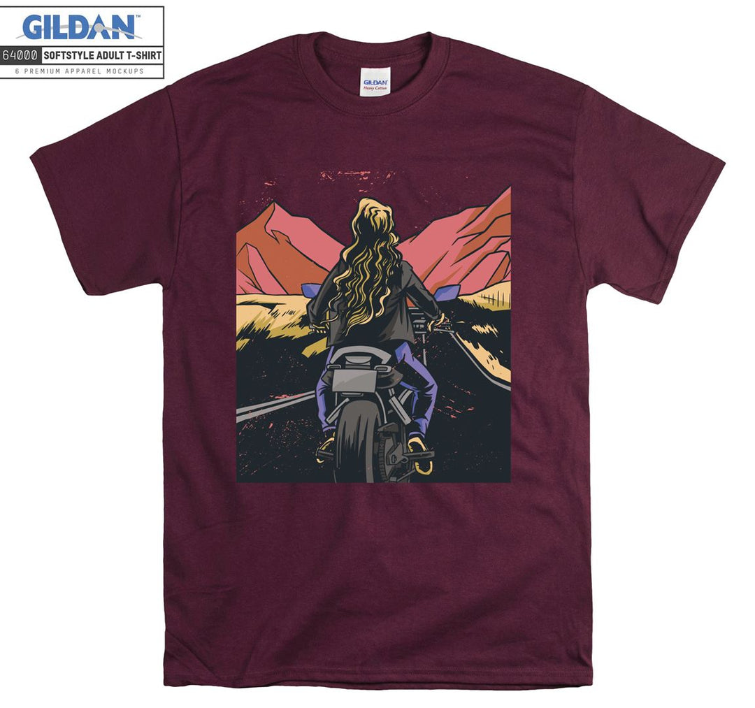 Girl ride motorcycle on the mauntain T-shirt