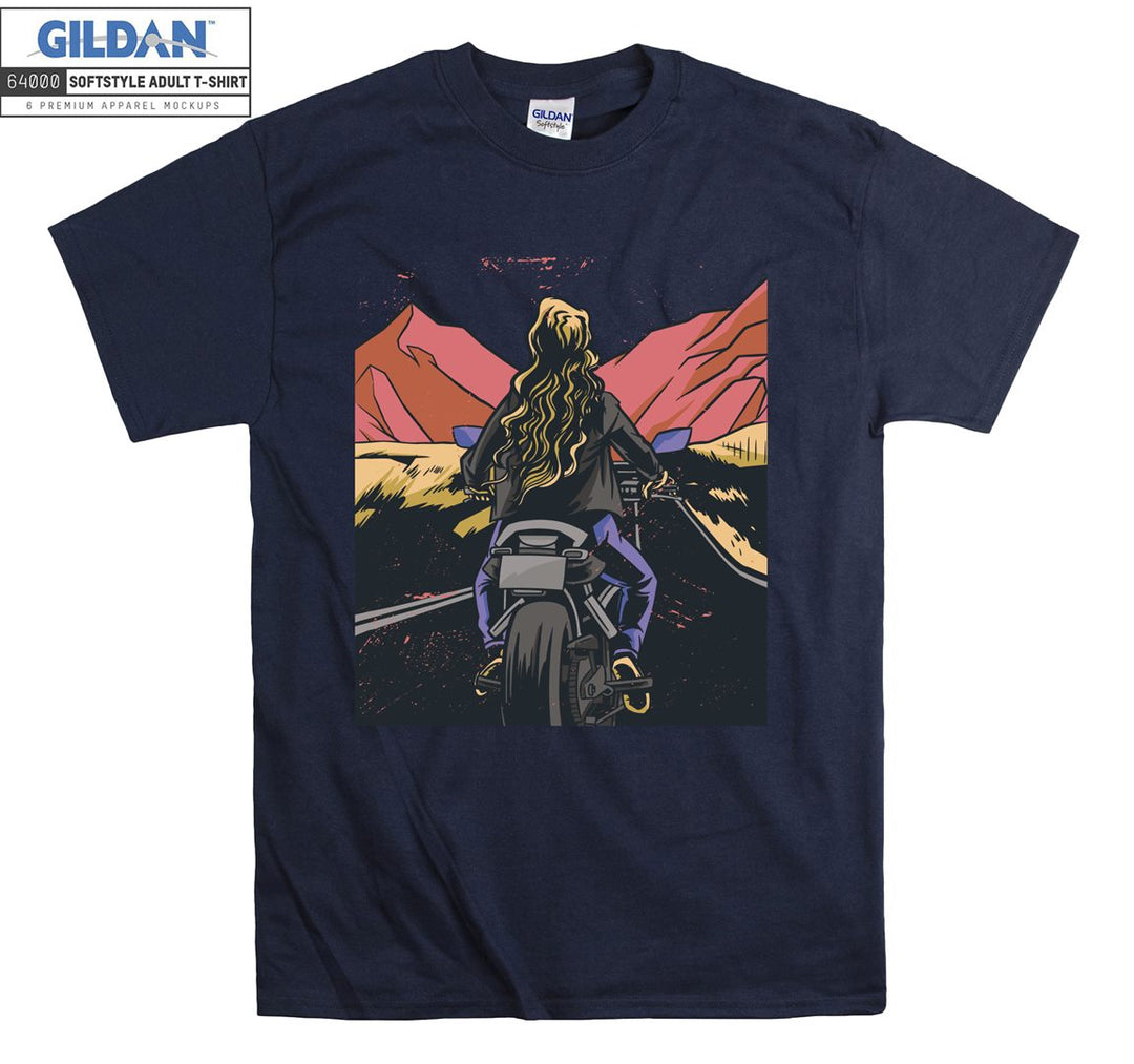 Girl ride motorcycle on the mauntain T-shirt