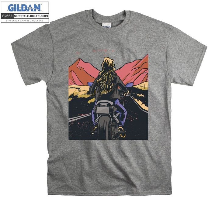 Girl ride motorcycle on the mauntain T-shirt