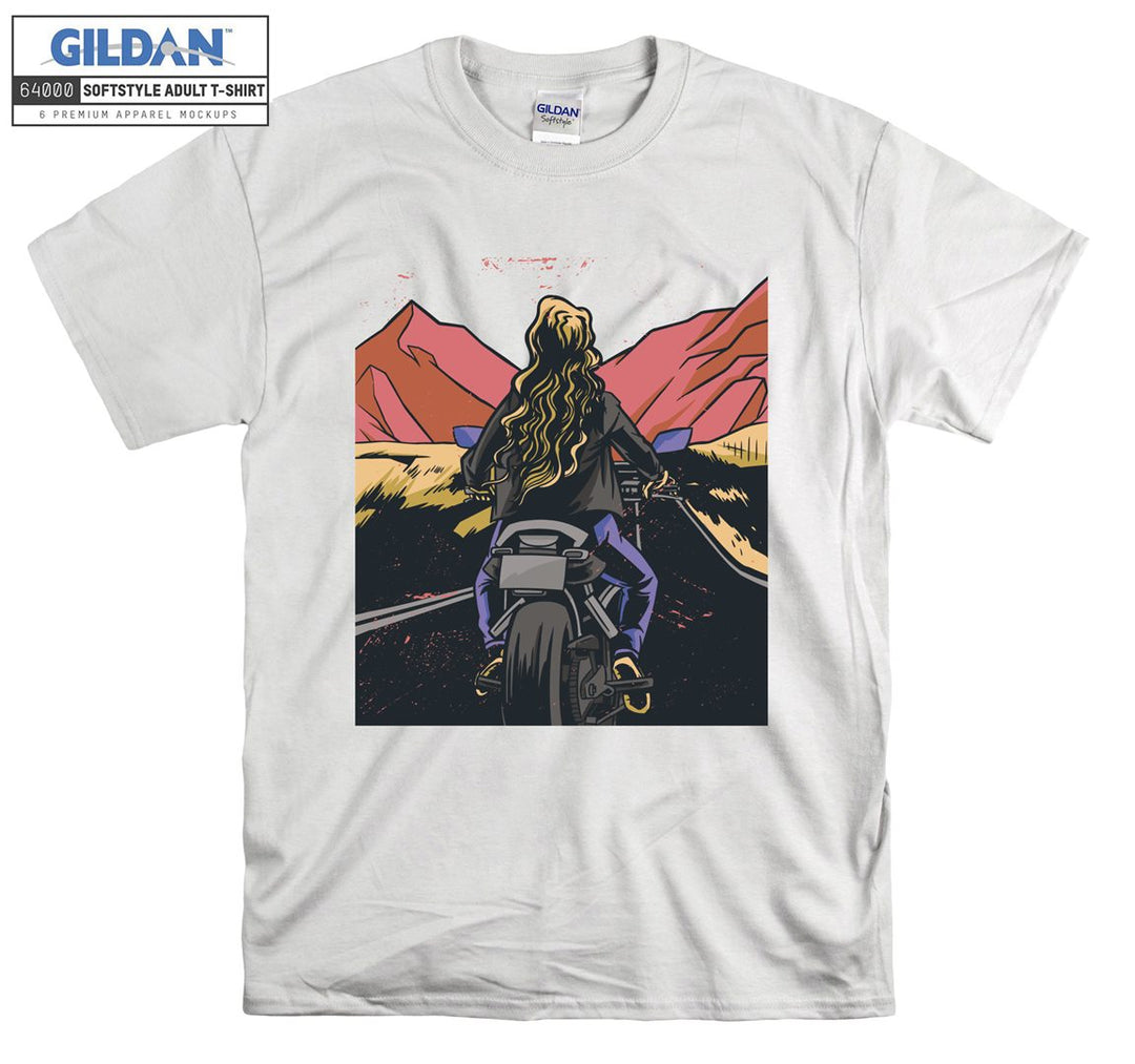 Girl ride motorcycle on the mauntain T-shirt