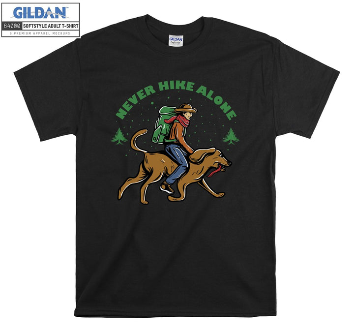 Never Hike Alone Camping Man With Dog T-shirt