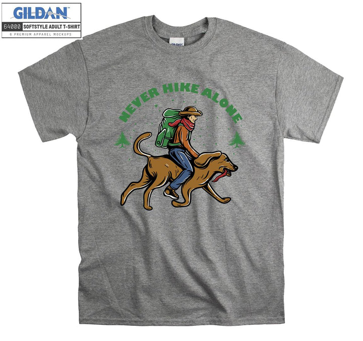 Never Hike Alone Camping Man With Dog T-shirt