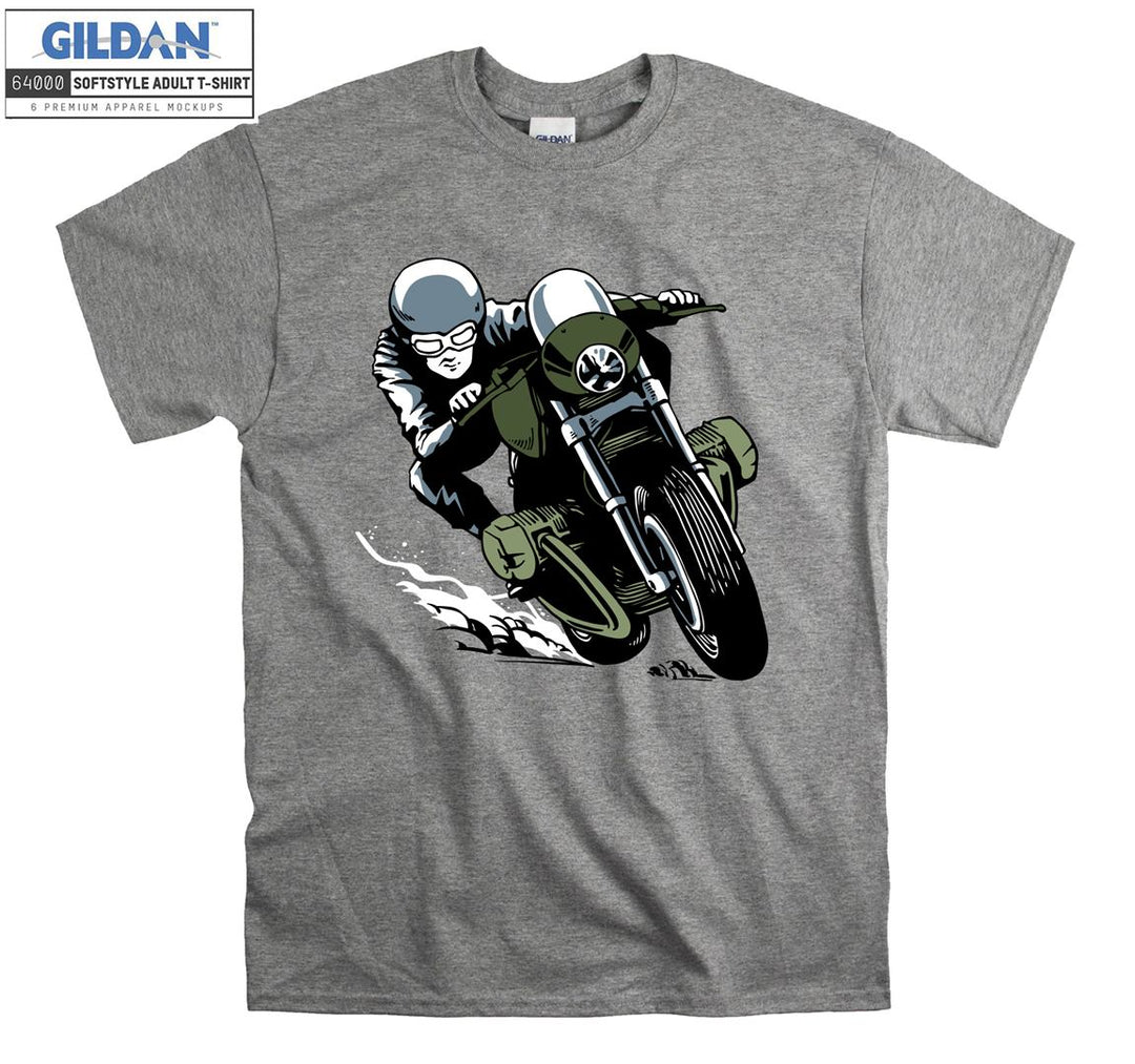 Green motorcycle and driver figure T-shirt